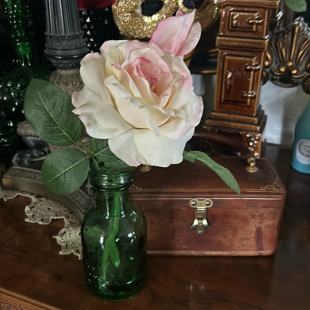 Vintage Silk Rose & Green Glass Vase